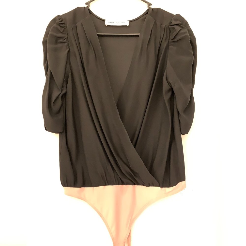Black silk bodysuit with puff short sleeves